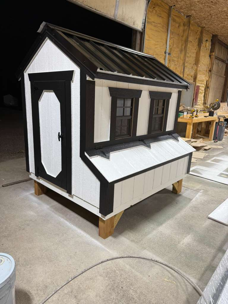White chicken coop with metal roof built by Independent Living in Ault, Colorado